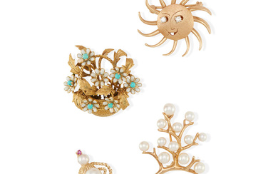 A GROUP OF GOLD AND GEM-SET BROOCHES