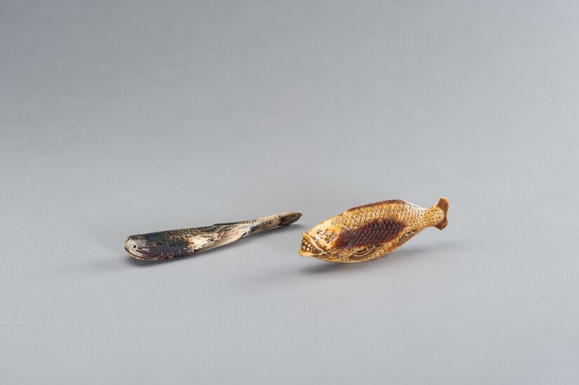A GROUP OF TWO UNUSUAL AND LARGE NETSUKE OF FISH