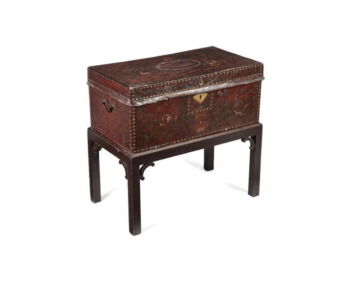 A George III embossed leather chest, late 18th century, on later stand