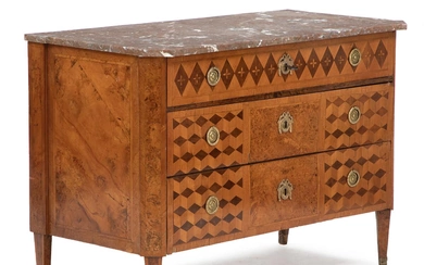 A Gustavian walnut, elmwood and rootwood commode. Contemporary marble top. Sweden, ca....