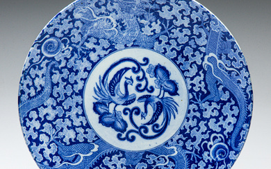 A Japanese blue and white ceramic dragon and bird themed...