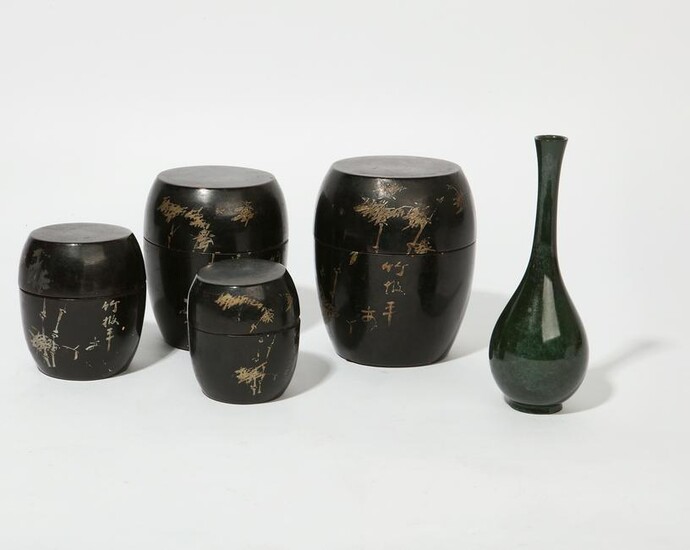 A Japanese nesting tea container & enameled vase