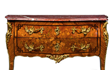 A LOUIS XV ORMOLU-MOUNTED TULIPWOOD, AMARANTH AND FRUITWOOD MARQUETRY COMMODE