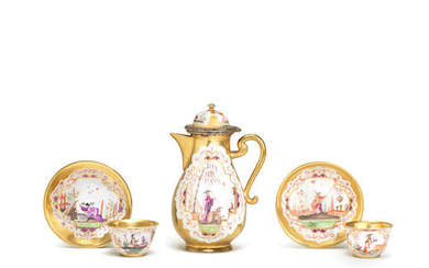 A Meissen Hausmaler gold-ground silver-gilt-mounted coffee pot and cover and two teabowls and saucers, circa 1725
