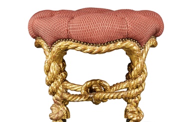 A Napoleon III Upholstered Carved Giltwood Rope-Twist Tabouret, in the Manner of A.M.E. Fournier, Third Quarter 19th Century