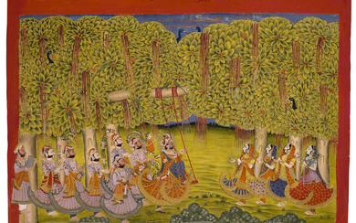 A PAINTING OF MAHARAJA TAKHT SINGH ON A SWING WITH COURTIERS AND MAIDENS INDIA, RAJASTHAN, JODHPUR, LATE 18TH-EARLY 19TH CENTURY