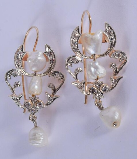 A PAIR OF 14CT GOLD BAROQUE PEARL AND DIAMOND EARRINGS.
