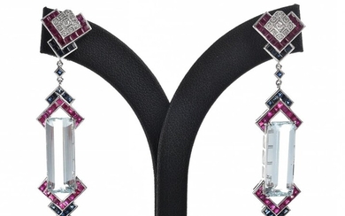 A PAIR OF ART DECO STYLE DROP EARRINGS IN 18CT WHITE GOLD, FEATURING AQUAMARINE, RUBY AND SAPPHIRE, THE AQUAMARINES TOTALLING 16.78C...
