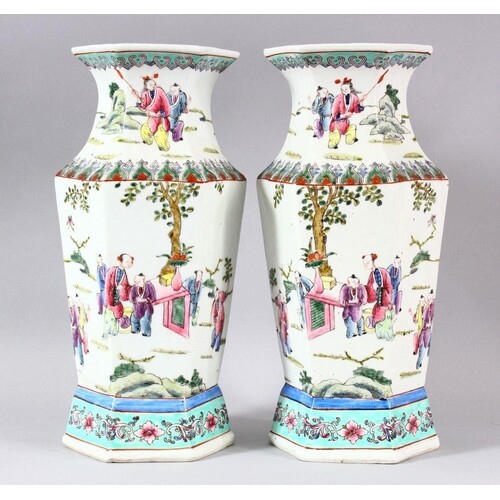A PAIR OF CHINESE FAMILLE ROSE PORCELAIN HEXAGONAL PORCELAIN...