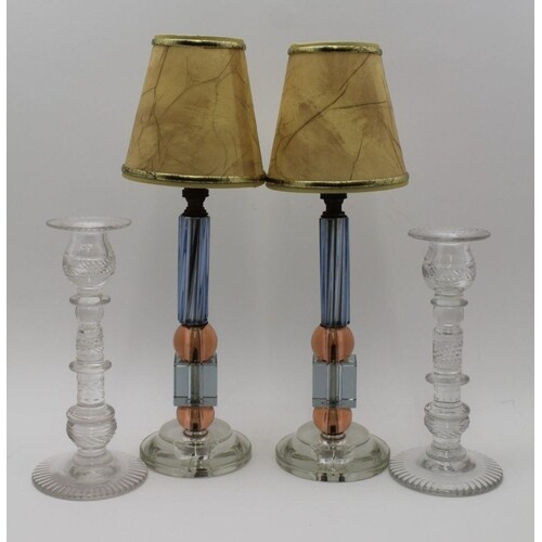 A PAIR OF FRENCH ART DECO GLASS BASED TABLE LAMPS of geometr...
