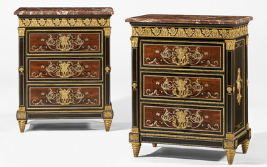 A PAIR OF FRENCH ORMOLU-MOUNTED EBONIZED AND BOULLE BRASS AND PEWTER-INLAID AMARANTH MEUBLES-D'APPUI AFTER A MODEL BY PIERRE-ETIENNE LEVASSEUR OR LEVASSEUR THE YOUNGER, 20TH CENTURY, POSSIBLY INCORPORATING EARLIER ELEMENTS