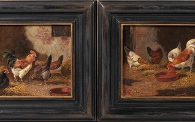 A PAIR OF PAINTINGS OF ROOSTERS AND HENS