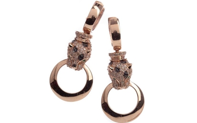 A PAIR OF ROSE GOLD DIAMOND AND EMERALD PANTHER EARRINGS