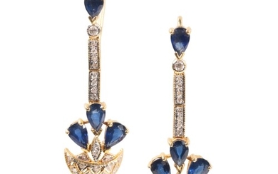 A PAIR OF SAPPHIRE AND DIAMOND DROP EARRINGS a single pear-c...