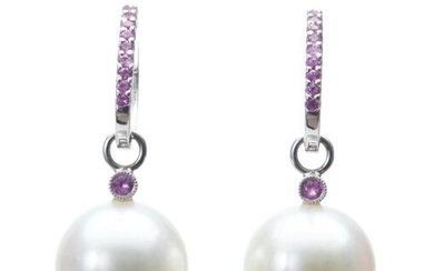 A PAIR OF SOUTH SEA PEARL AND SAPPHIRE EARRINGS