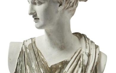A PARCEL PAINTED PLASTER BUST OF DIANA CHASSERESSE, 20TH CENTURY