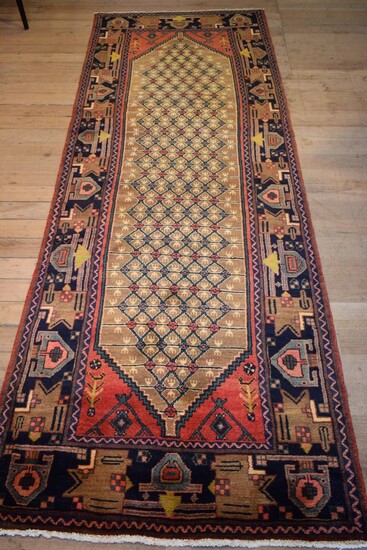 A PERSIAN SONQOR KOLYAIE HALL RUNNER. 100% WOOL PILE. HAND-KNOTTED VILLAGE WEAVE FROM THE KURDISTAN REGION WITH TRIBAL DESIGN OF ALL...