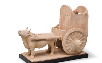 A POTTERY MODEL OF AN OX AND CART Tang Dynasty