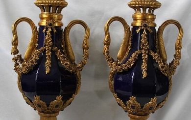 A Pair Of Gilt Bronze Mounted Blue Porcelain Lidded