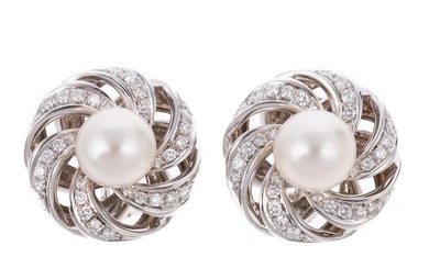 A Pair of 18K Pearl & Diamond Earrings