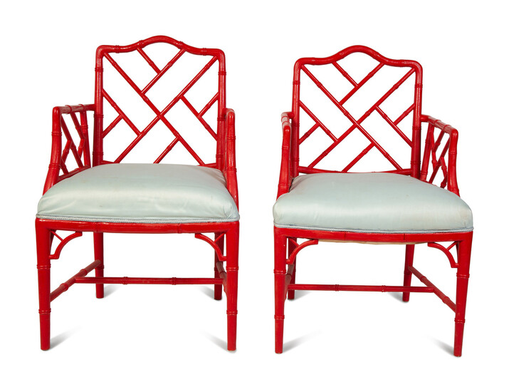 A Pair of Chinese Chippendale Style Red Lacquer Armchairs