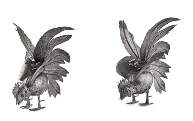 A Pair of Continental Silvered-Metal Roosters