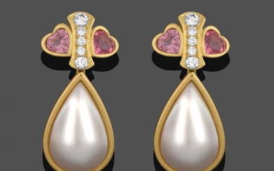 A Pair of Diamond, Pink Tourmaline and Mabe Pearl Drop...