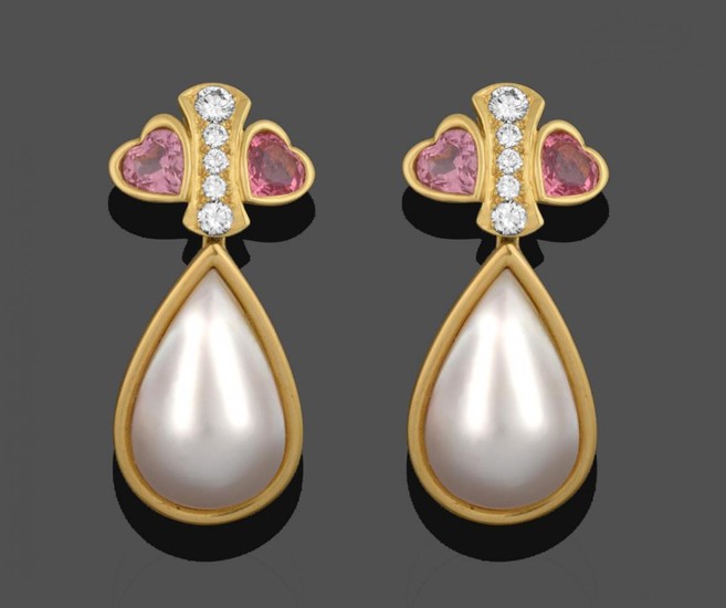 A Pair of Diamond, Pink Tourmaline and Mabe Pearl Drop...
