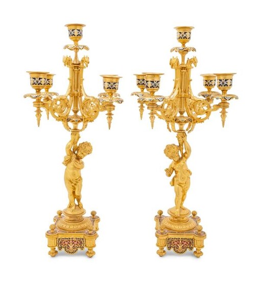 A Pair of French Gilt Bronze and Champleve Five-Light