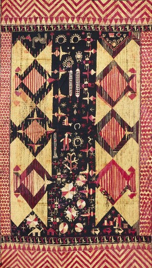 A Phulkari wedding shawl, Punjab, India, circa 1900, cotton and floss silk, either end with a chevron design in red and yellow, the central area embroidered with stylised animals, figures and birds and jewellery representing the bride's dowry, on a...