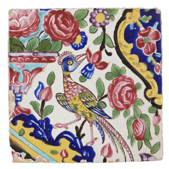 A Qajar polychrome decorated tile, Iran, late 19th century, of...