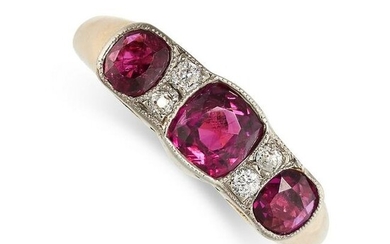 A RUBY AND DIAMOND RING set with alternating cushion