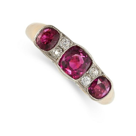 A RUBY AND DIAMOND RING set with alternating cushion