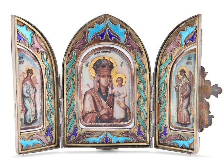 A RUSSIAN SILVER AND ENAMEL TRIPTYCH ICON, 84 standard