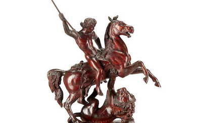 A Renaissance Style Carved Wood Figural Group of a Nude Warrior on Horseback Slaying A Lion on a Renaissance Style Carved Wood Pedestal