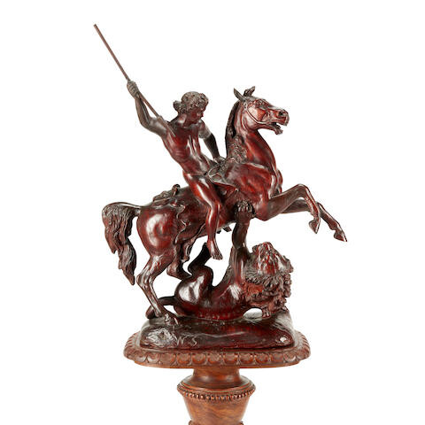 A Renaissance Style Carved Wood Figural Group of a Nude Warrior on Horseback Slaying A Lion on a Renaissance Style Carved Wood Pedestal