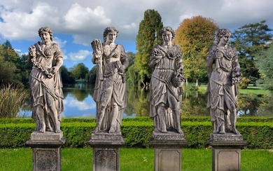 A SET OF FOUR SCULPTED LIMESTONE MODELS OF MAIDENS REPRESENTING THE FOUR SEASONS, LATE 19TH OR EARLY