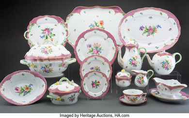 A Sixty-Three-Piece Herend Custom-Ordered Raspberry Printemps Partial Gilt Porcelain Dinner and Tea Service for Ten (20th century)