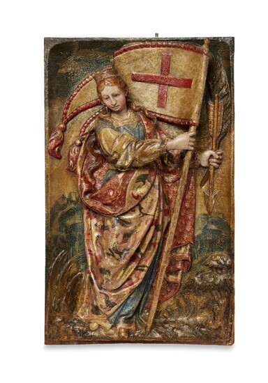 A Spanish-Flemish polychrome and gilt walnut relief panel of St Ursula, second half 16th Century, depicted with crown and modelled holding a flag with the cross of St George in right hand and an arrow in left, clothed in a green and gilt tunic and...