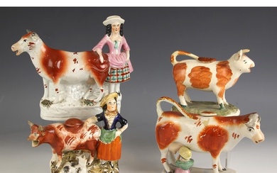 A Staffordshire pearlware cow creamer and cover, late 18th c...