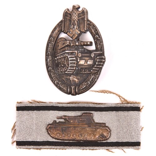 A Third Reich Panzer badge, flat back grey metal with maker'...
