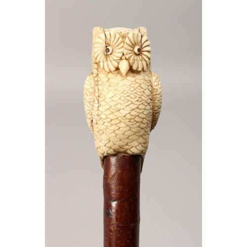 A VERY GOOD 19TH CENTURY CARVED IVORY OWL, RUSTIC WALKING CA...