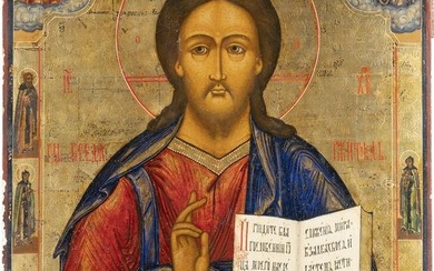 A VERY LARGE ICON SHOWING CHRIST PANTOKRATOR WITH DEPICTION