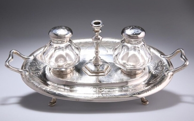 A VICTORIAN SILVER INKSTAND WITH TAPER STICK