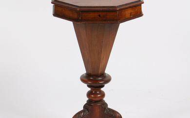 A VICTORIAN WALNUT TRUMPET SHAPED SEWING TABLE.