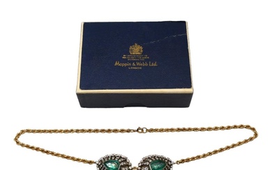 A VINTAGE YELLOW METAL DIAMOND AND EMERALD NECKLACE (YELLOW...