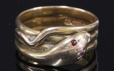 A Victorian 15ct gold ruby set snake or serpent ring