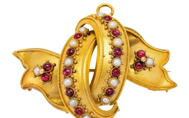 A Victorian gold, garnet and seed pearl brooch, of ribbon design, decorated with lines of cabochon garnets and seed pearls, c.1860