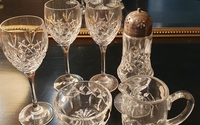 A Waterford Crystal Sugar Shaker along with other red wine g...