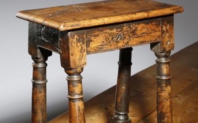 A YEW JOINT STOOL WITH 17TH CENTURY ELEMENTS...